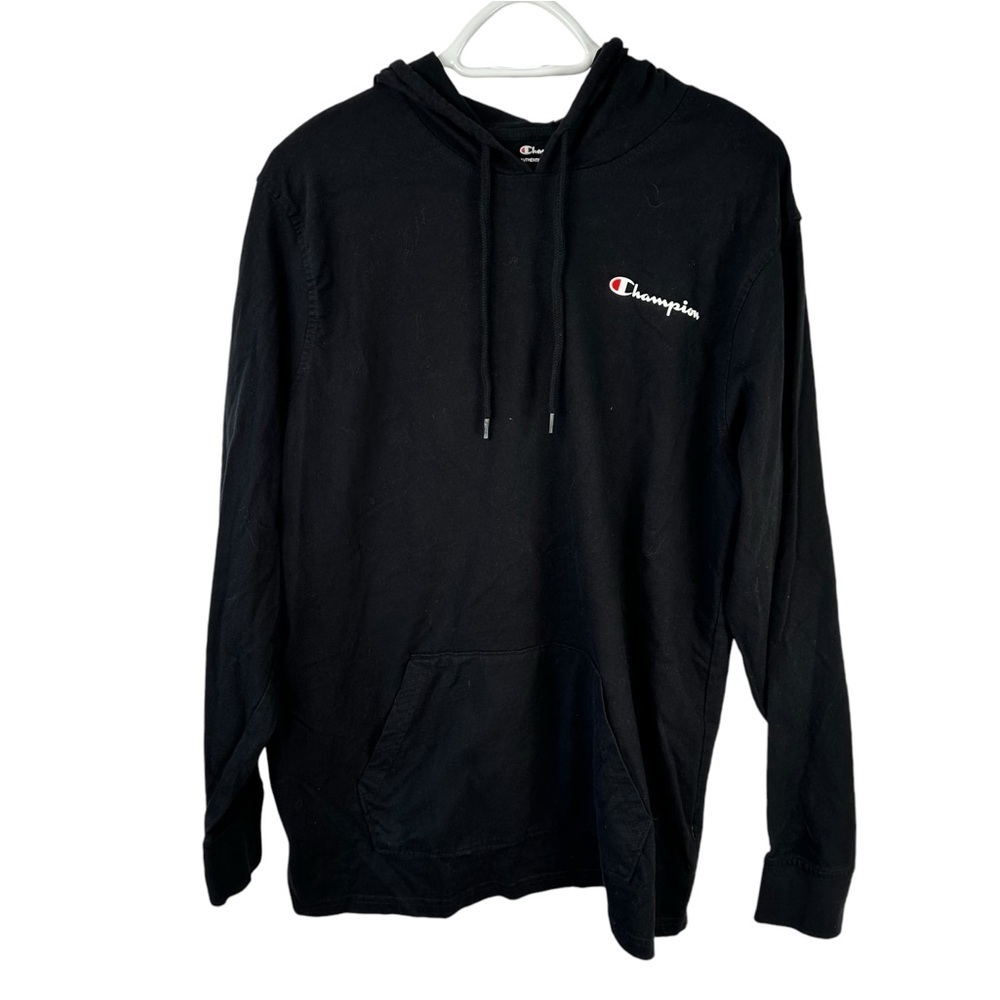 Champion Black Hooded Long Sleeve T-Shirt Mens Large Kangaroo Pocket Casual